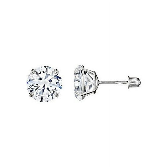 14kt Solid White Gold Superbright Clear Cz Basket Setting Round Screwback Stu...