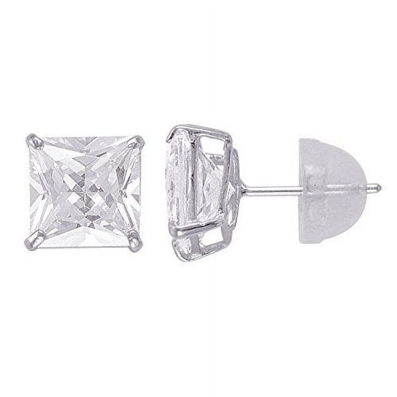 14kt Solid White Gold Superbright Clear Cz Basket Setting Square Pushback Stu...
