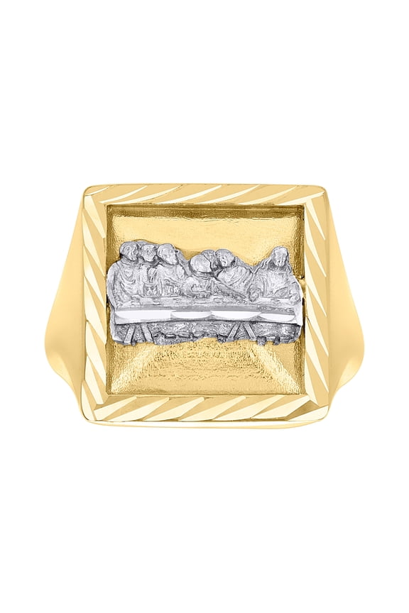 14kt Two-tone Gold Mens Square Head Last Supper Religious Ring, Mens Size: 10