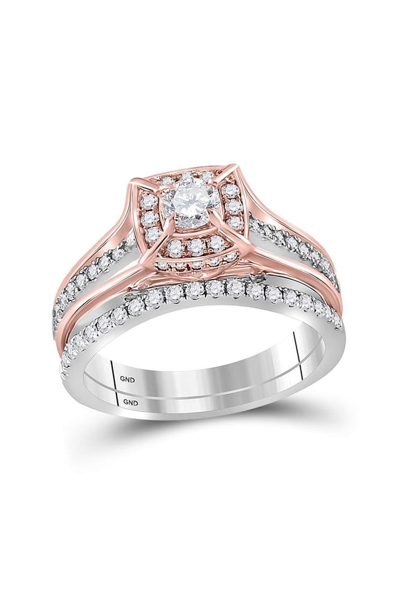 14kt Two-tone Gold Round Diamond Elevated Bridal Wedding Ring Band Set 1 Cttw