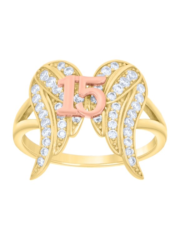 14kt Two-tone Gold Womens Cubic-Zirconia 15 Angel Wings Quinceanera Bridal Anniversary Engagement Wedding Ring, Womens Size: 7