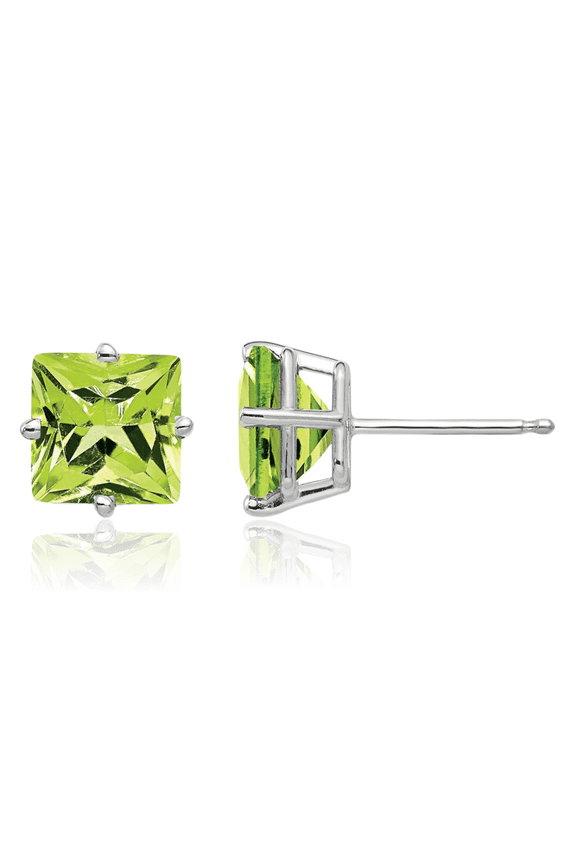 14K Solid White Gold 7mm Princess-Cut Square Green Peridot Studs Gemstone Solitaire Earrings August Birthstone Jewelry