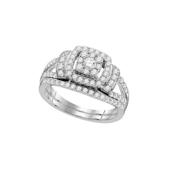 14kt White Gold Diamond Framed Cluster Bridal Wedding Ring Band Set 1 Cttw