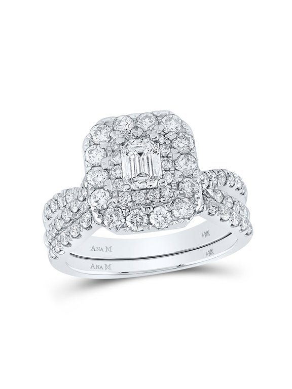 14kt White Gold Emerald Diamond Halo Bridal Wedding Ring Band Set 1-1/2 Cttw