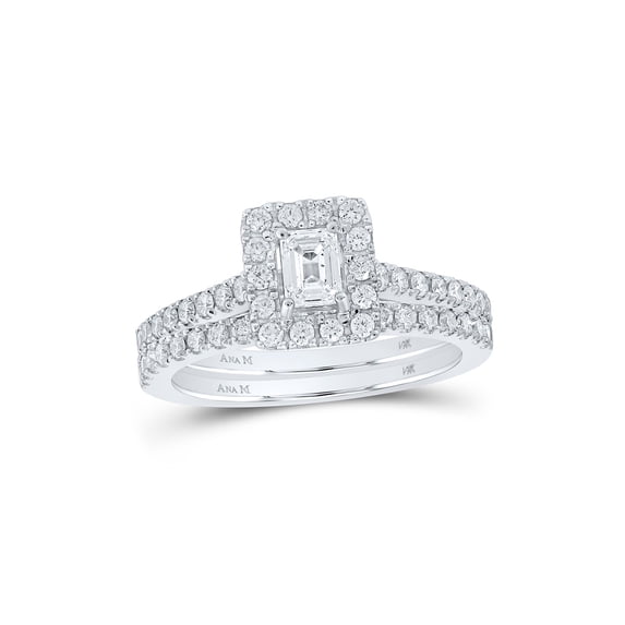14kt White Gold Emerald Diamond Halo Bridal Wedding Ring Band Set 1 Cttw