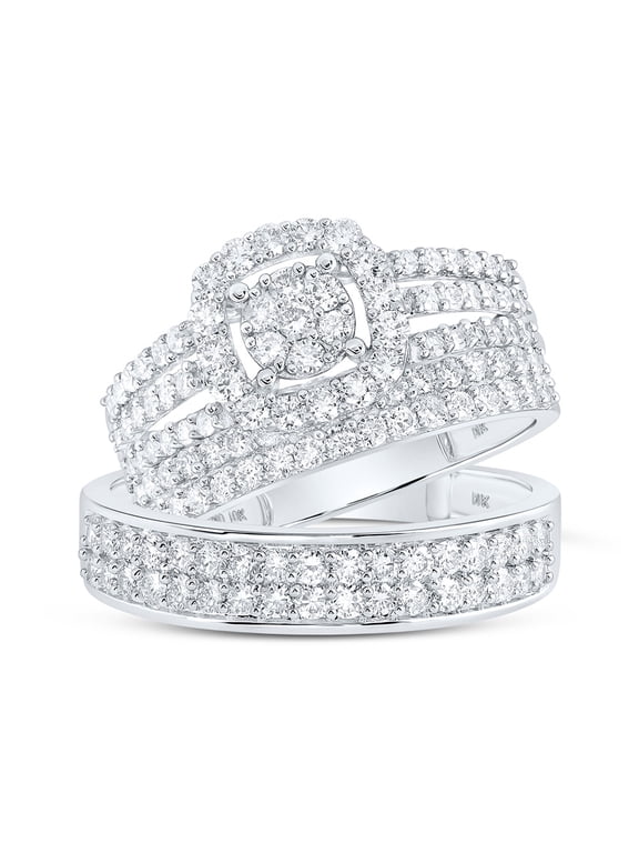 14kt White Gold His Hers Round Diamond Cluster Matching Wedding Set 1-3/4 Cttw