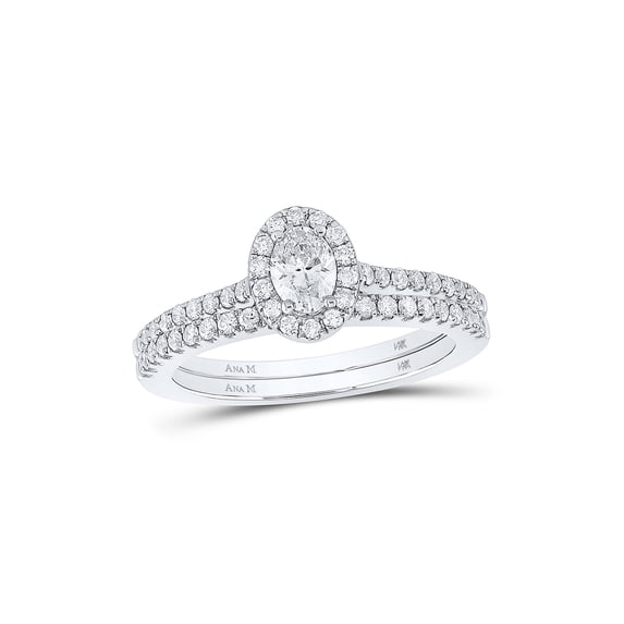14kt White Gold Oval Diamond Oval Halo Bridal Wedding Ring Band Set 7/8 Cttw