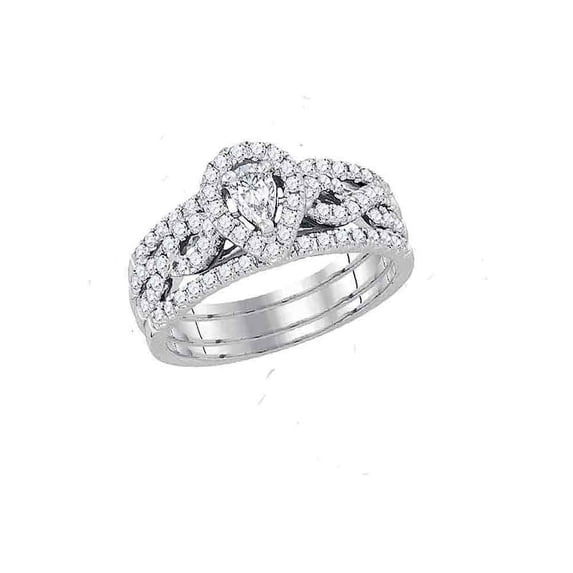 14kt White Gold Pear Diamond 3-Piece Bridal Wedding Ring Band Set 7/8 Cttw