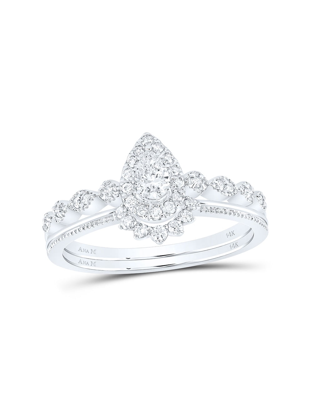 14kt White Gold Pear Diamond Bridal Wedding Ring Band Set 3/8 Cttw