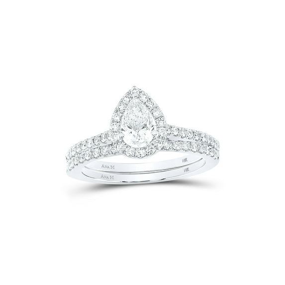 14kt White Gold Pear Diamond Halo Bridal Wedding Ring Band Set 1 Cttw