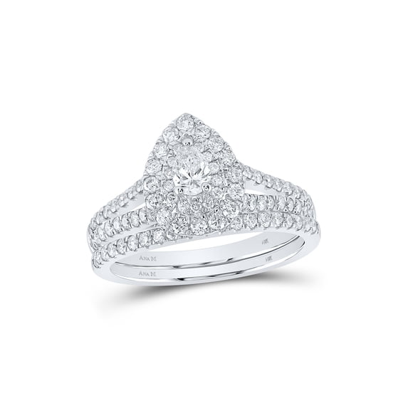 14kt White Gold Pear Diamond Halo Bridal Wedding Ring Band Set 1 Cttw