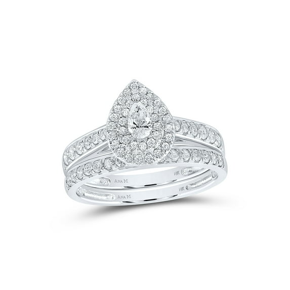 14kt White Gold Pear Diamond Halo Bridal Wedding Ring Band Set 3/4 Cttw
