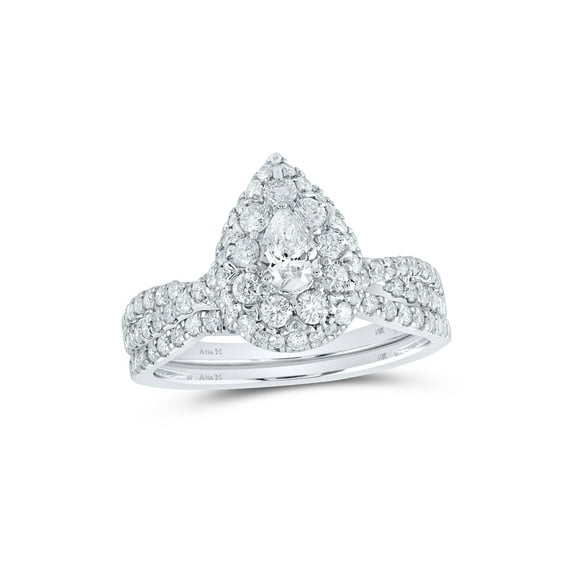 14kt White Gold Pear Diamond Teardrop Bridal Wedding Ring Band Set 1 Cttw