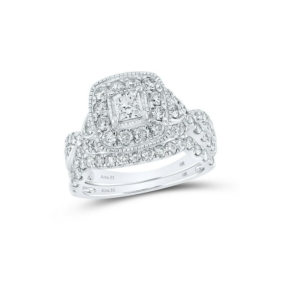 14kt White Gold Princess Diamond Bridal Wedding Ring Band Set 2 Cttw