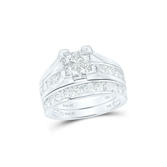 14kt White Gold Princess Diamond Bridal Wedding Ring Band Set 2 Cttw