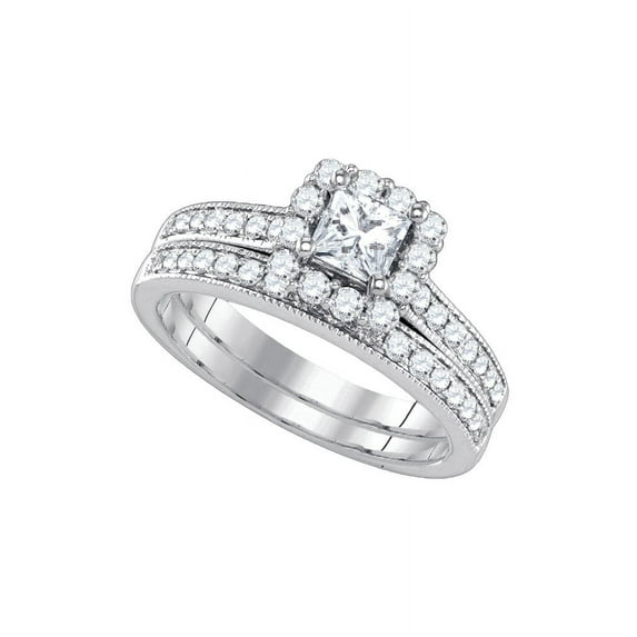 14kt White Gold Princess Diamond Halo Bridal Wedding Ring Band Set 1-1/4 Cttw
