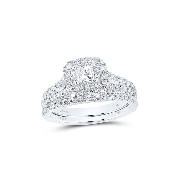 14kt White Gold Princess Diamond Halo Bridal Wedding Ring Band Set 1 Cttw