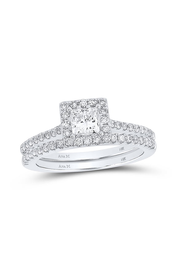 14kt White Gold Princess Diamond Square Halo Bridal Wedding Ring Band Set 1 Cttw
