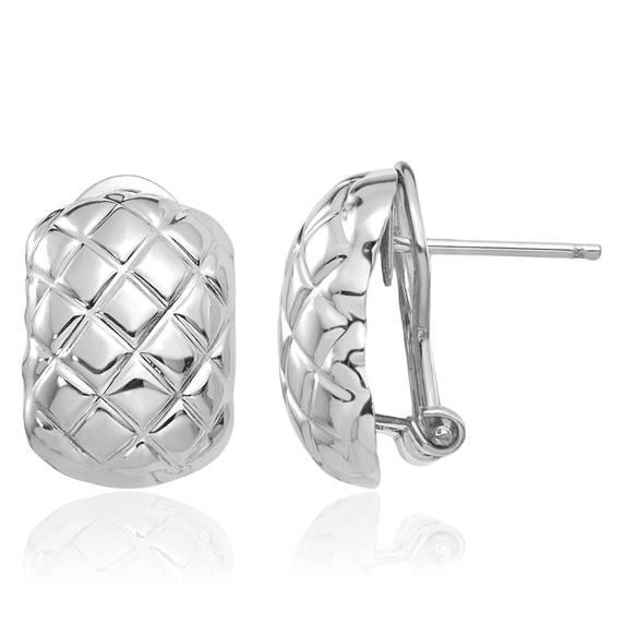 14K Solid White Gold Quilted Omega Clip Back Post Stud Earrings