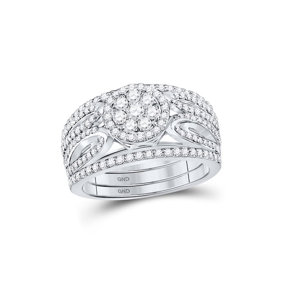 14kt White Gold Round Diamond Cluster Bridal Wedding Ring Band Set 1 Cttw