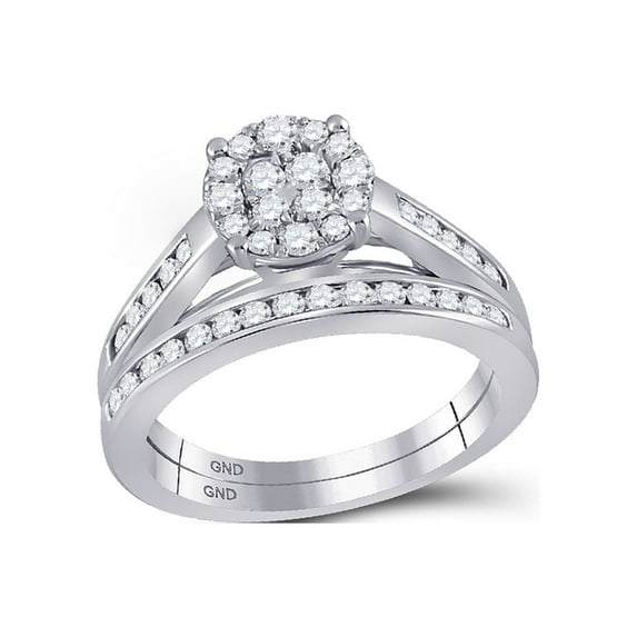 14kt White Gold Round Diamond Cluster Bridal Wedding Ring Band Set 3/4 Cttw
