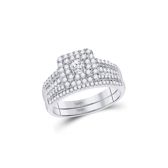 14kt White Gold Round Diamond Double Halo Bridal Wedding Ring Band Set ...
