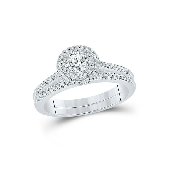 14kt White Gold Round Diamond Halo Bridal Wedding Ring Band Set 1/2 Cttw