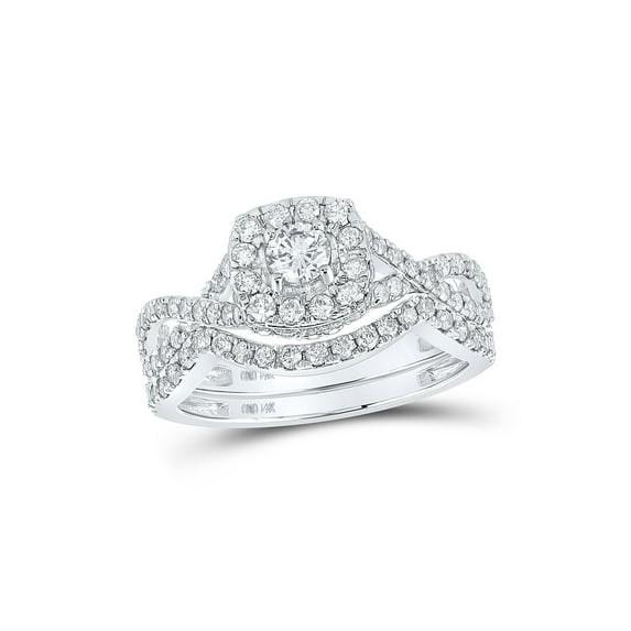 14kt White Gold Round Diamond Halo Bridal Wedding Ring Band Set 1 Cttw