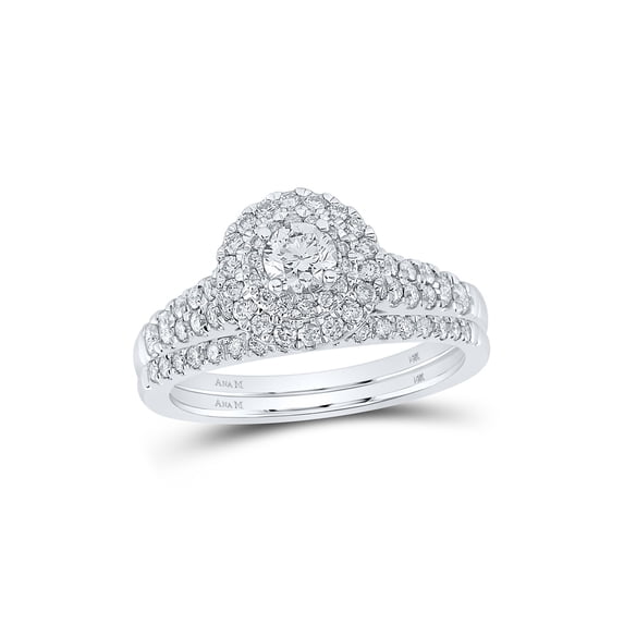 14kt White Gold Round Diamond Halo Bridal Wedding Ring Band Set 1 Cttw