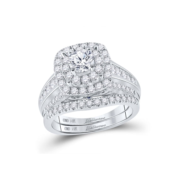 14kt White Gold Round Diamond Halo Bridal Wedding Ring Band Set 2 Cttw