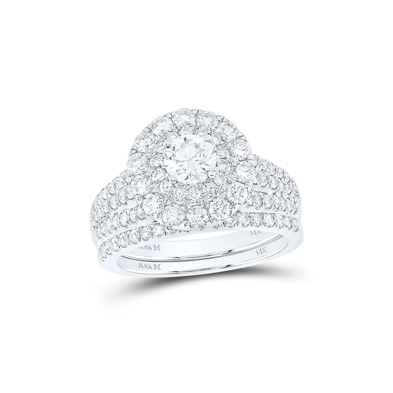 14kt White Gold Round Diamond Halo Bridal Wedding Ring Band Set 2 Cttw