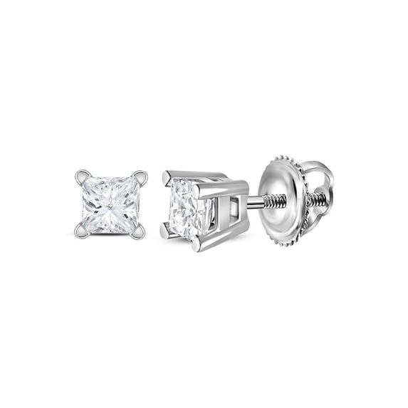 14kt White Gold Unisex Princess Diamond Solitaire Stud Earrings 1/4 Cttw