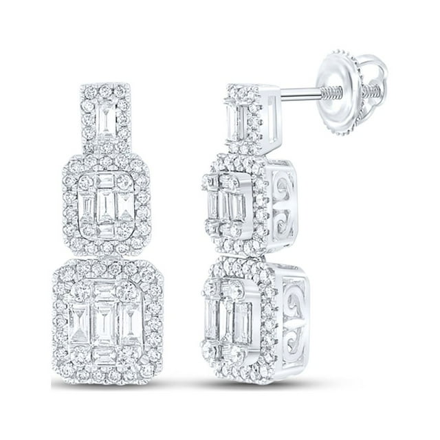 14kt White Gold Womens Baguette Diamond Cocktail Cluster Earrings 1-1/3 ...