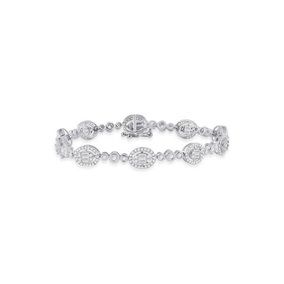 14kt White Gold Womens Baguette Diamond Oval Link Bracelet 2 Cttw