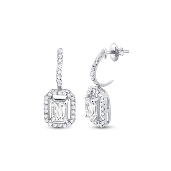 14kt White Gold Womens Emerald Diamond Dangle Earrings 1-1/4 Cttw