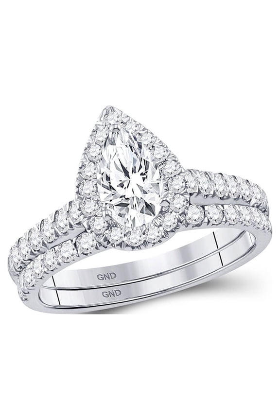14kt White Gold Womens Pear Diamond Bridal Wedding Engagement Ring Band Set 1-1/2 Cttw