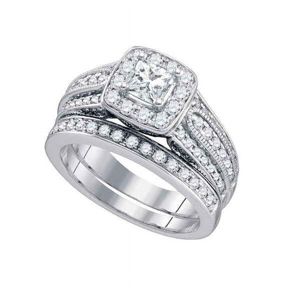 14kt White Gold Womens Princess Diamond Solitaire Halo Bridal Wedding Engagement Ring Set 1-1/2 Cttw