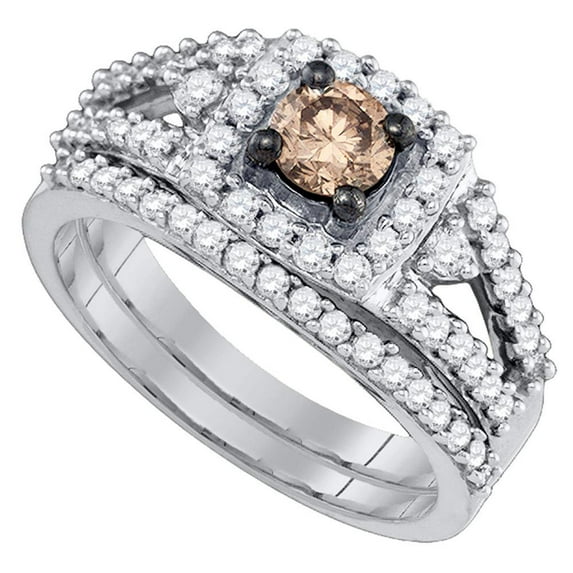 14kt White Gold Womens Round Brown Diamond Bridal Wedding Engagement Ring Band Set 1.00 Cttw