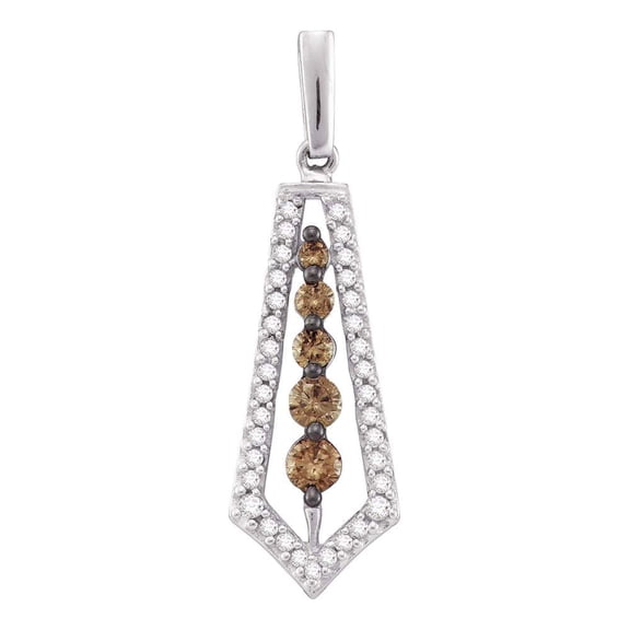 14kt White Gold Womens Round Brown Diamond Vertical Journey Pendant 1/2 Cttw