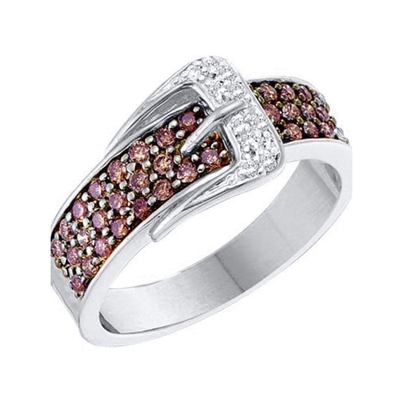 14kt White Gold Womens Round Cognac-brown Color Enhanced Diamond Belt Buckle Band Ring 1/2 Cttw