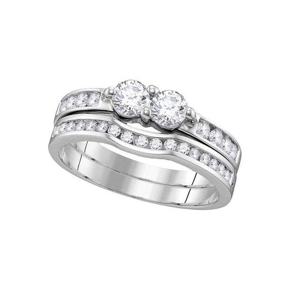 14kt White Gold Womens Round Diamond 2-Stone Hearts Together Bridal Wedding Engagement Ring Band Set 1.00 Cttw