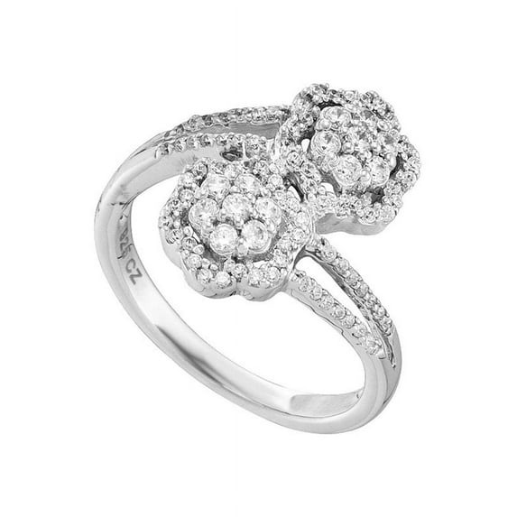14kt White Gold Womens Round Diamond Double Bypass Flower Cluster Ring 1/2 Cttw