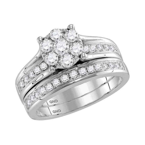 14kt White Gold Womens Round Diamond Flower Cluster Bridal Wedding Engagement Ring Band Set 1.00 Cttw