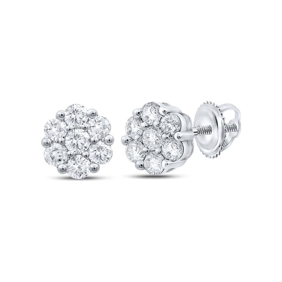 14kt White Gold Womens Round Diamond Flower Cluster Earrings 1 Cttw
