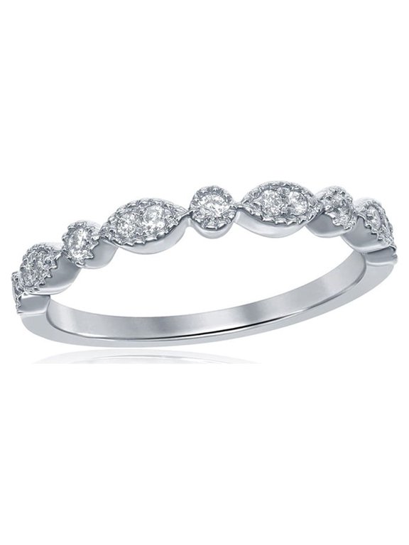 14kt White Gold Womens Round Diamond Milgrain Stackable Band Ring 1/6 Cttw
