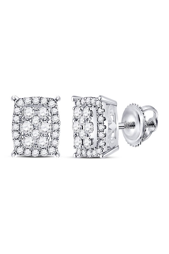 14kt White Gold Womens Round Diamond Rectangle Cluster Earrings 1/4 Cttw