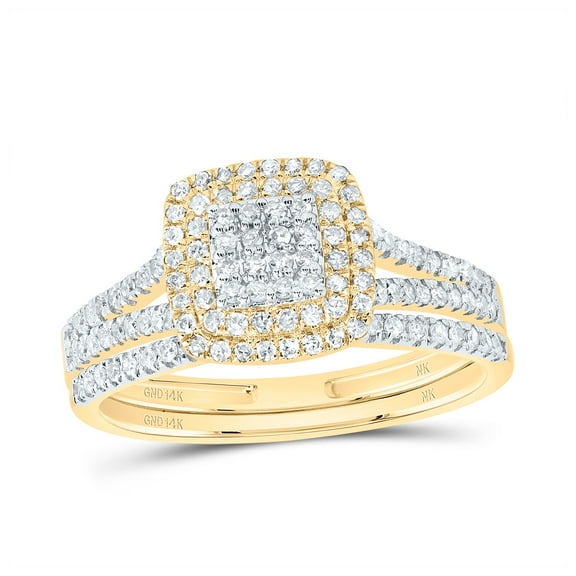 14kt Yellow Gold 1/2 Cttw Natural Diamond Cushion Double Halo Wedding Engagement Anniversary Bridal Set, Women Size: 5-9