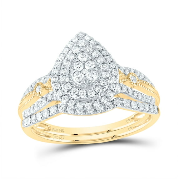 14kt Yellow Gold 1/2 Cttw Natural Diamond Pear Double Halo Wedding Engagement Anniversary Bridal Set, Women Size: 5-9