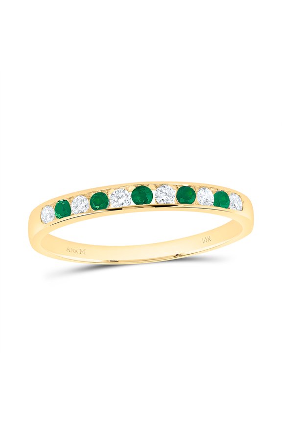 14kt Yellow Gold 1/8 Ctw Natural Diamond, 1/10 Ctw Emerald Natural Gem Alternate stone Channel set Women's Half Eternity Band, Anniversary Ring