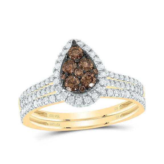 14kt Yellow Gold 3/4 Cttw Diamond Cognac Natural Pear Wedding Engagement Anniversary Bridal Set, Women Size: 5-9